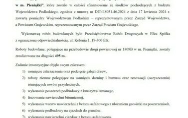 Informacja -  Przebudowa DP nr 1809B w m. Pieniążki